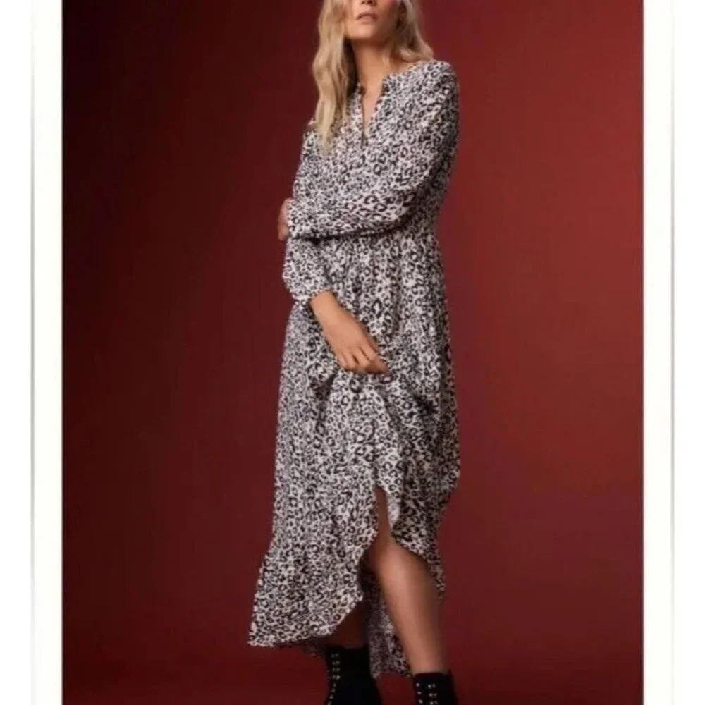 Anthropologie Mare Mare Lynda Maxi Dress Black White Leopard Ruffle Pockets M